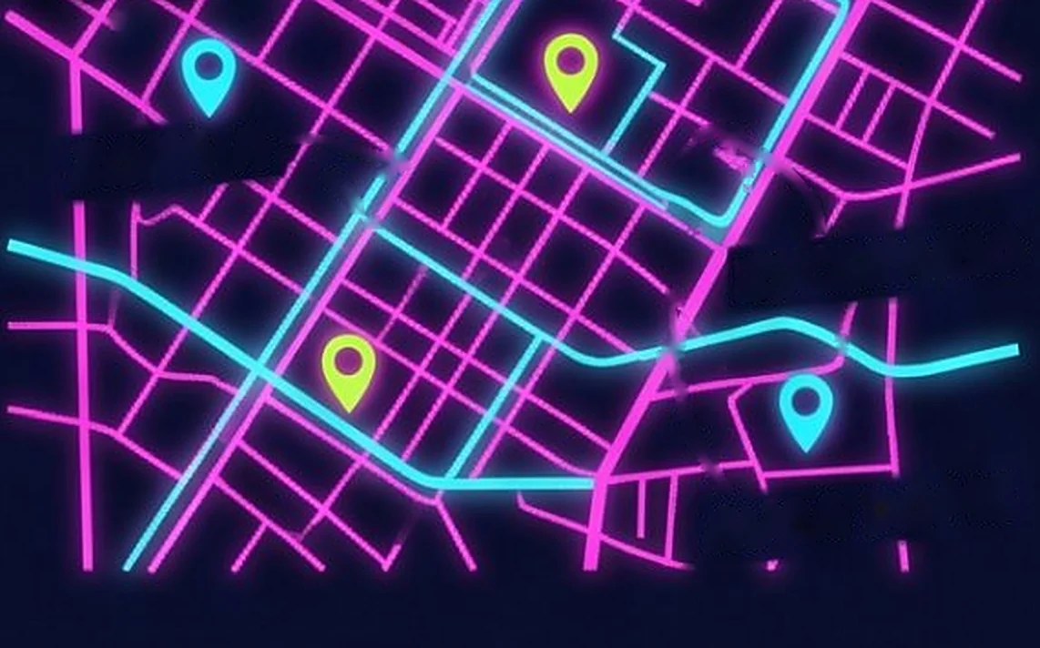 Mapa nocturno de una ciudad con calles de neón fucsia y cian y puntos de encuentro marcados