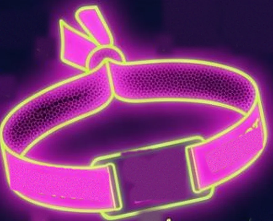 Pulsera de tela de un festival iluminada con luz fucsia y bordes lima